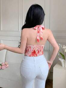 Elegante camiseta de tirantes con cuello halter, volantes y lunares estilo francés - Rosa - Ver 2