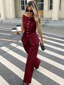 Set de 2 piezas para mujer con top sin mangas con botones delanteros lisos y pantalones largos, conjunto casual - Burdeos - Ver 1