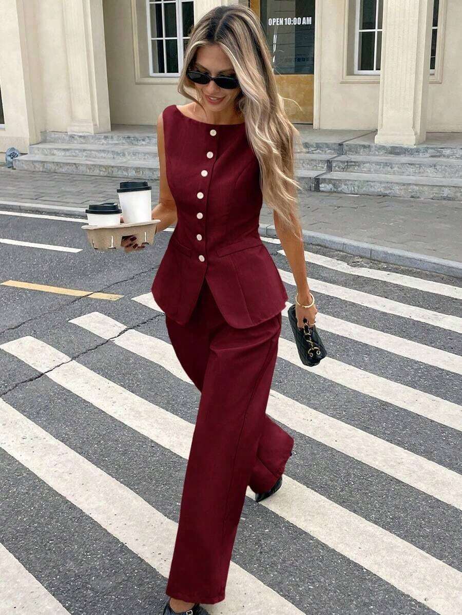 Set de 2 piezas para mujer con top sin mangas con botones delanteros lisos y pantalones largos, conjunto casual - Burdeos - Ver 1
