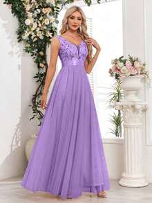 Vestido de dama de honor formal de línea A con escote en V sin mangas, bordado y de malla, vestido de fiesta elegante, vestido de invitado de boda formal, vestido de ceremonia de graduación, vestido de noche de primavera - Púrpura malva - Ver 3