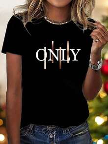 Basic T-Shirt Style Top With Modern Stylized Typography Design, Soft And Comfortable Women's T-Shirt With Front Letter Print - 黑色 - 查看 2