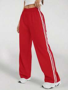 Pantalones casuales con rayas laterales negras, de estilo simple y de moda para uso diario, graduación, maestros y vuelta al colegio para mujeres - Rojo - Ver 7