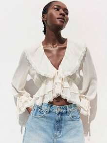 Blusa con botones y mangas con volantes con estampado floral de verano - Blanco - Ver 1