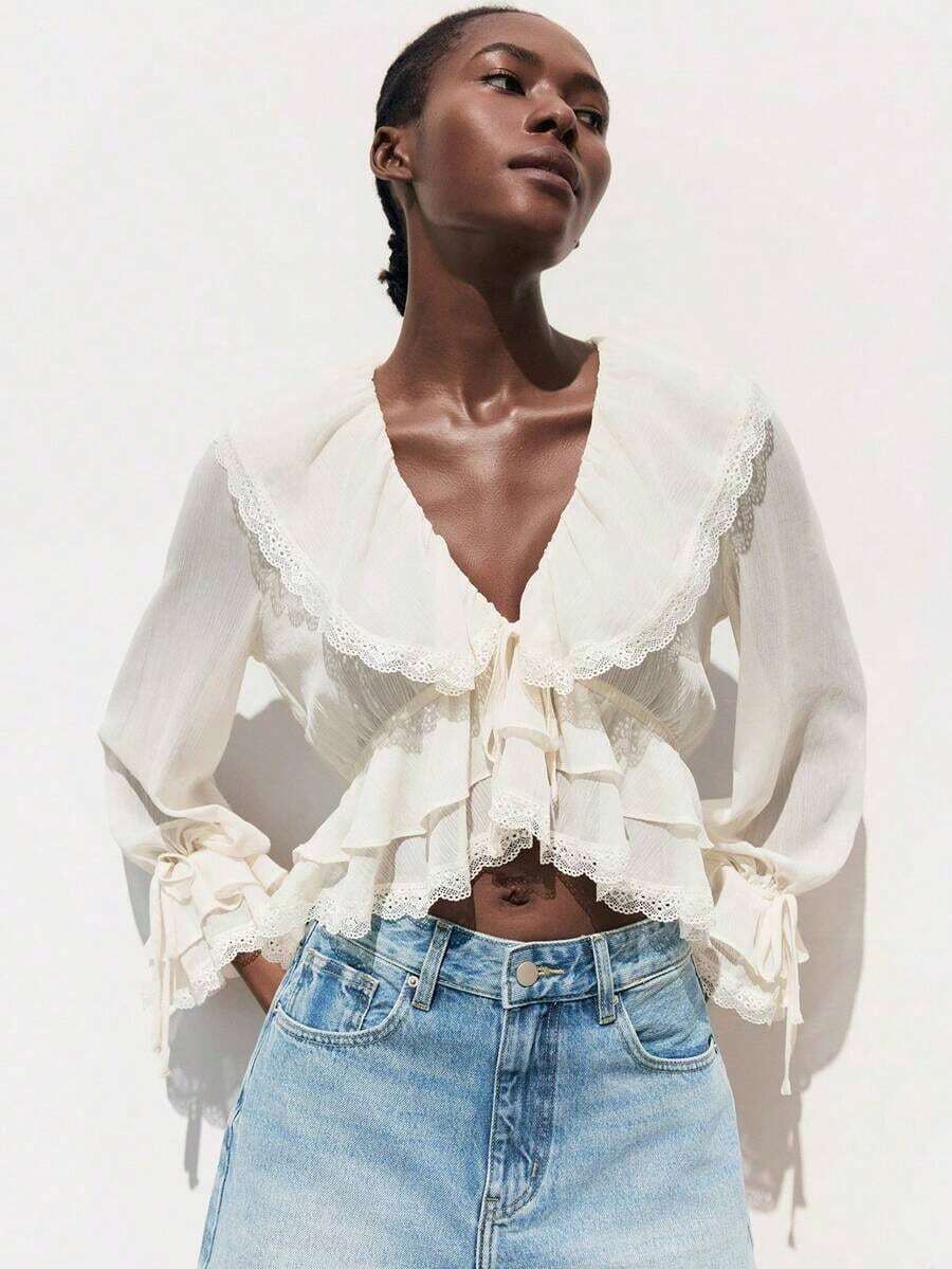 Blusa con botones y mangas con volantes con estampado floral de verano - Blanco - Ver 1