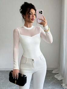 Blusa de manga larga elegante de unicolor con empalme transparente y ajuste elástico para mujer, otoño/invierno - Blanco - Ver 7