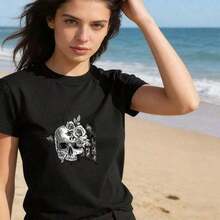 [Free National Shipping] Unisex Vintage Summer T-Shirts, Round Neck, Short Sleeve, Fun Graphic Print Of Skulls And Roses, Gothic Punk Style, Urban Clothing For Men And Women, Cotton Women's T-Shirts - 風格 - 查看 2