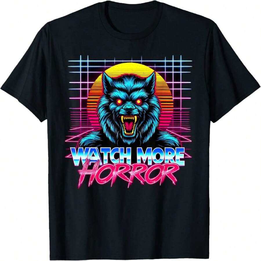 Watch More Horror Retro 80s Synthwave Style Werewolf Graphic T-Shirt - 黑色 - 查看 1