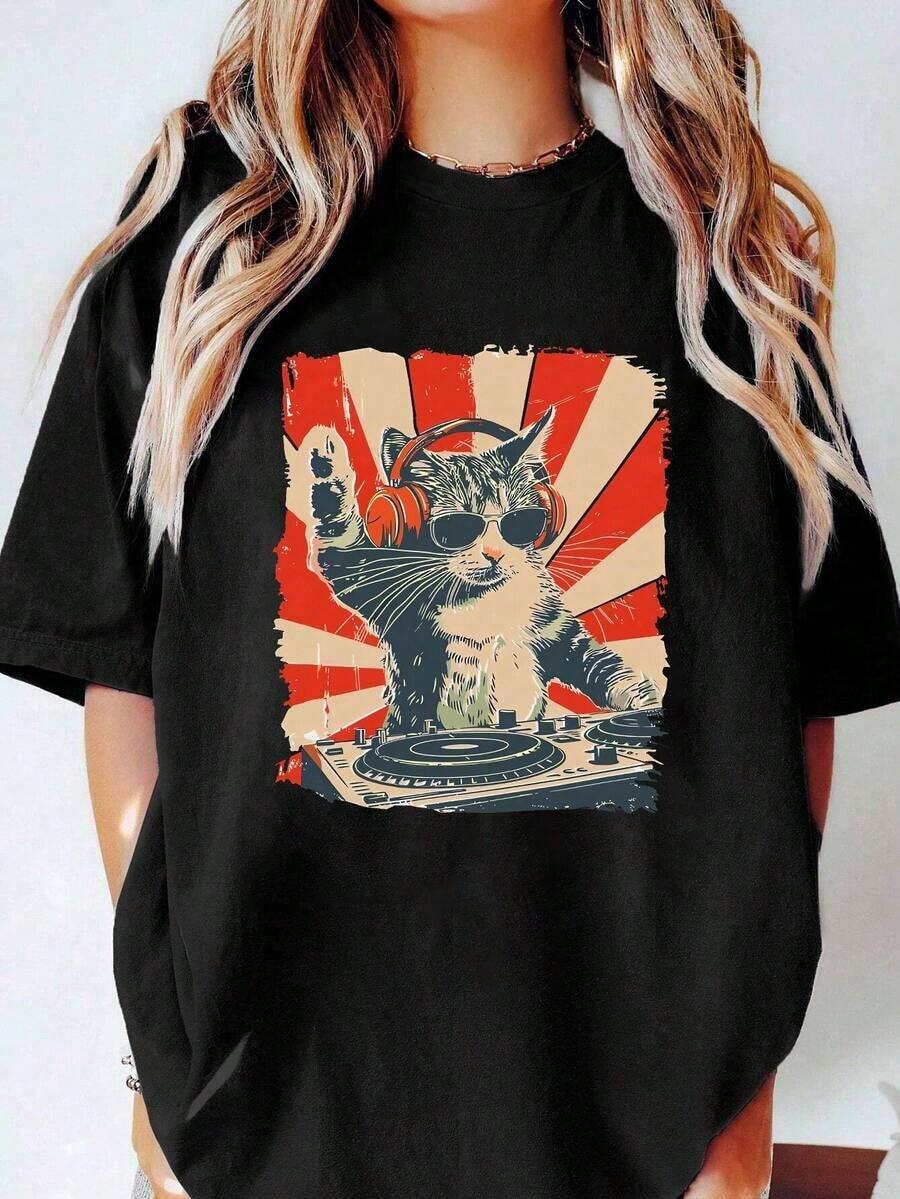 Vestido Camiseta de Manga Corta con Cuello Redondo y Estampado Gráfico de Gato para Amantes de la Música, Estilo Casual Minimalista para Mujer, Negro, Verano - Negro - Ver 1