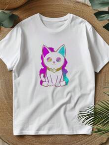 Camiseta de estilo casual para hombre con estampado de gato de colores vibrantes y diseño moderno ideal para uso diario en primavera y verano perfecta como regalo para amantes de los animales y moda urbana - Blanco - Ver 4