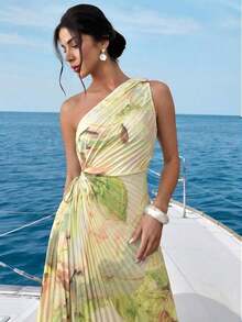 Vestido de mujer nuevo con estampado de teñido anudado asimétrico, cintura hueca, volantes en el bajo y un solo hombro, vestido elegante y romántico para citas y vacaciones, vestido de verano para mujer, tono de color suave, adecuado para atuendo de playa - amarillo ganso - Ver 3