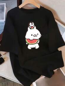 Camiseta de manga corta para mujer con diseño y estampado únicos, nuevo estilo holgado de verano para 2025, top favorecedor para |   Diseño exquisito |   Suelto y cómodo |   Fácil de combinar | - Negro - Ver 7