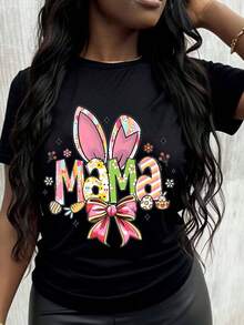 GraphicMama Camiseta de Mujer con Orejas de Conejo y Lazo de Pascua, Camiseta Gráfica Divertida para las Fiestas de Primavera, Bonito Atuendo de Pascua para Mamá - Negro - Ver 7