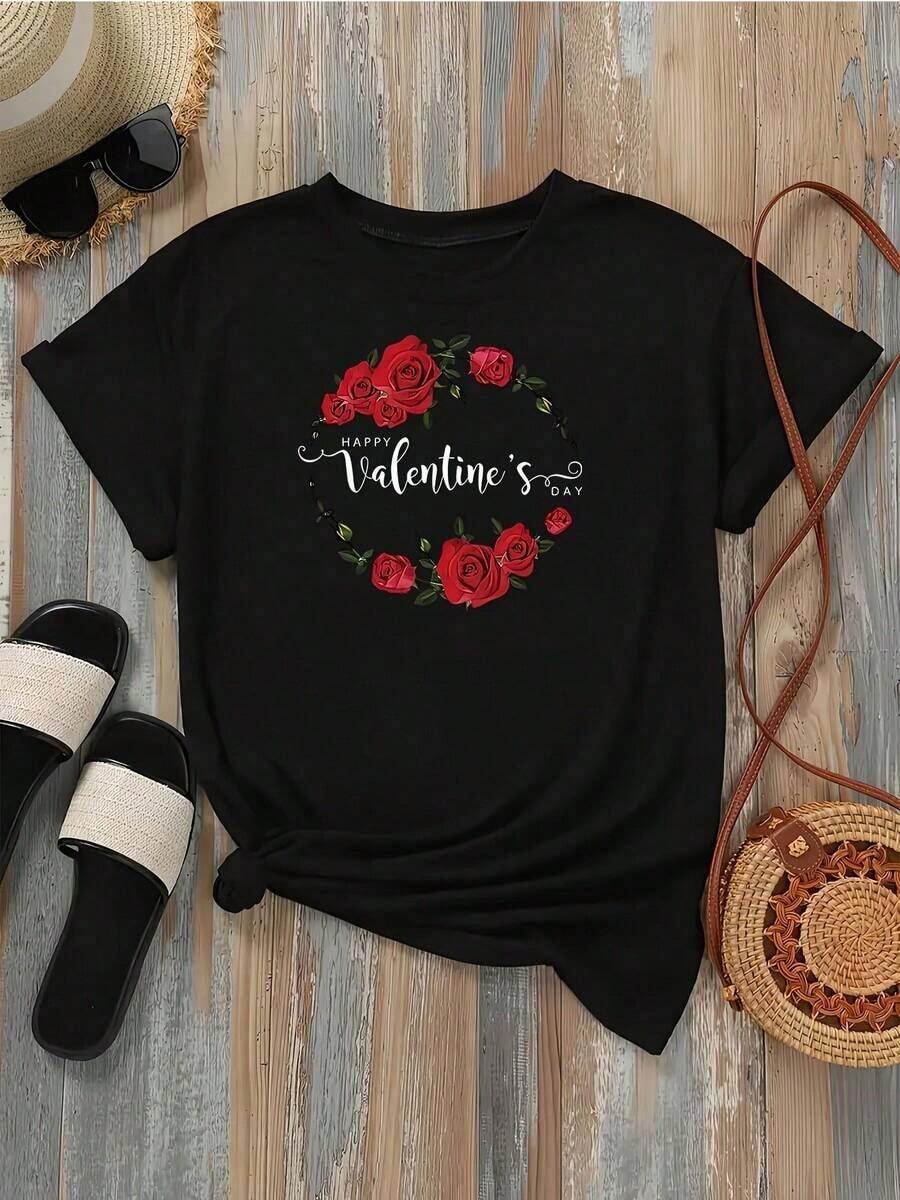 1 Piece Of Casual Short-Sleeved T-Shirt With Round Neck And Graphic Print, Perfect For Summer And Spring, Designed For Women, 180g 100% Cotton. - Hitam - View 1