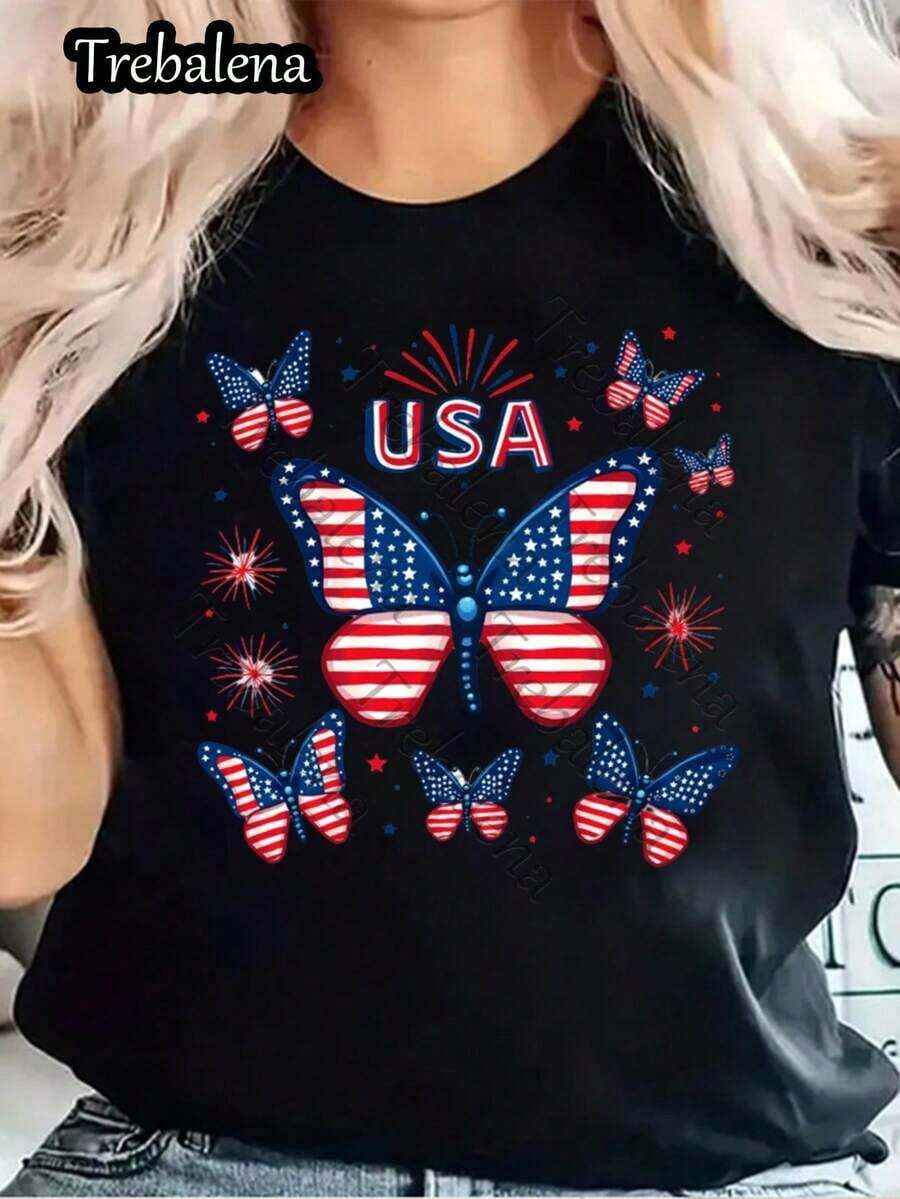 Camiseta de Mujer Trebalena con Estampado de Bandera Americana Patriótica y Mariposas - 100% Algodón, Cuello Redondo, Manga Corta, Estilo Casual, Ideal para el Día de la Independencia, el Día de los Caídos, el 16 de Junio y el Día de la Madre - Lavable a Máquina, Diseño Impreso Duradero para Primavera, Verano y Otoño. - Negro - Ver 1