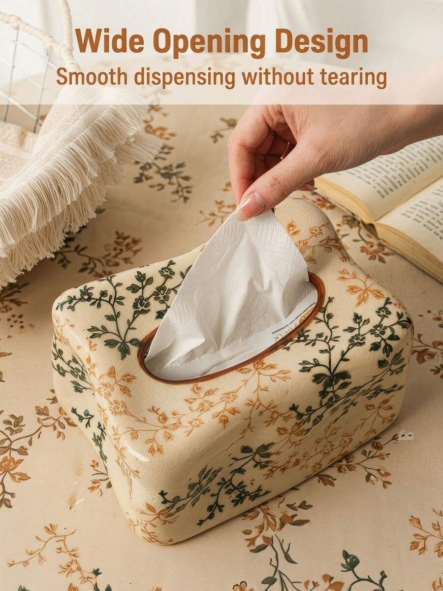1pc Vintage Floral Ceramic Tissue Box, With Cracked Glaze Surface, Bohemian Style Home Decor Tissue Box