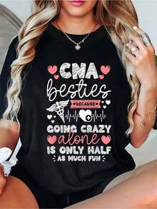 CNA Besties Women's Graphic T-Shirt - Casual Crew Neck, Short Sleeve, Medium Elasticity, All Season Comfort, Black With Fun Print, Heart And Stethoscope Design, Perfect For Medical Professionals, 100% Cotton Women's T-Shirt. - 黑色 - 查看 7