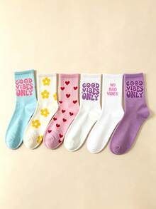 1/3/5/6 Pairs Women Letter & Flower Mid-Calf Socks, New Spring/Autumn High Elasticity Casual Tube Socks, Comfortable Soft Student Socks, Street Style Ladies Socks - Multicolor - View 3
