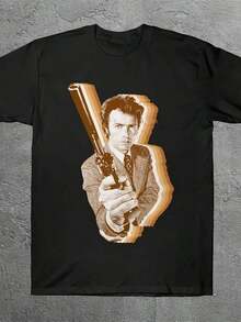 Camiseta Gráfica Dirty Harry para Hombre - Estilo Urbano Negro con Estampado en V Atrevido y Diseño de Revólver, Casual, Manga Corta, Cuello Redondo, Estilo Vintage Urbano, Unisex, Holgada, de Algodón, Manga Corta, Cuello Redondo, blusas para mujer. blusas.blusas casuales para dama.Impresión de osos cariñosos.Camiseta estampada Impresión de osos cariñosos. - Negro - Ver 7