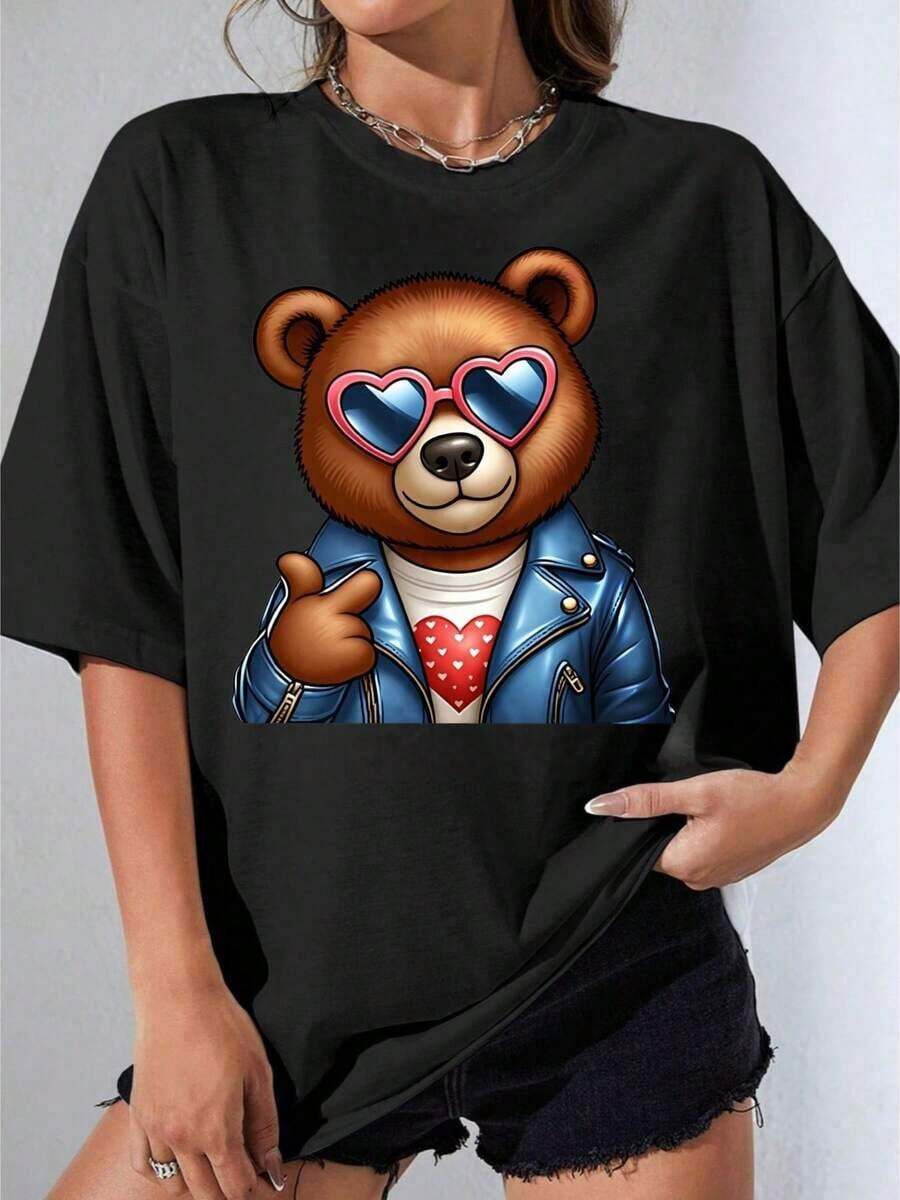 Camiseta Blanca y Negra para Niña con Estampado de Oso Lindo con Gafas de Sol y Chaqueta de Cuero, Camiseta Blanca para Uso Casual y Estilo Urbano, Camiseta Estampada Casual para Fiesta al Aire Libre - Estilo Urbano Vintage, Camiseta Unisex de Algodón de Manga Corta y Cuello Redondo, blusas para mujer. blusas.blusas casuales para dama.Impresión de osos cariñosos.Camiseta estampada Impresión de osos cariñosos. - Negro - Ver 1