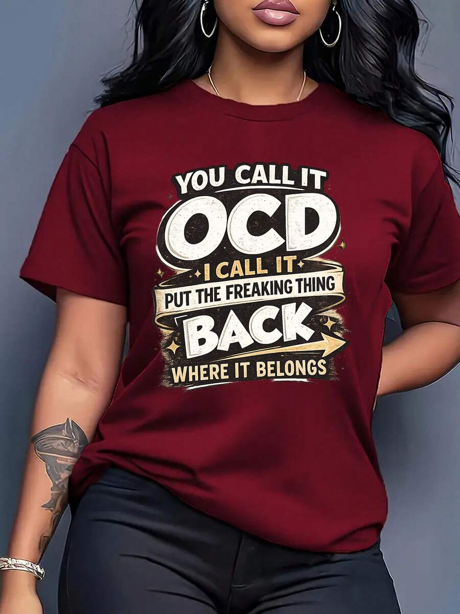 Women's Premium Printed Summer T-Shirt, Casual Sports T-Shirt, Vintage Cartoon Print Short Sleeve Cotton T-Shirt For Women With Obsessive-Compulsive Disorder (OCD), Casual/Vacation/Outdoor T-Shirt For Spring/Summer, Local Warehouse, Casual Smart - 紅色 - 查看 1