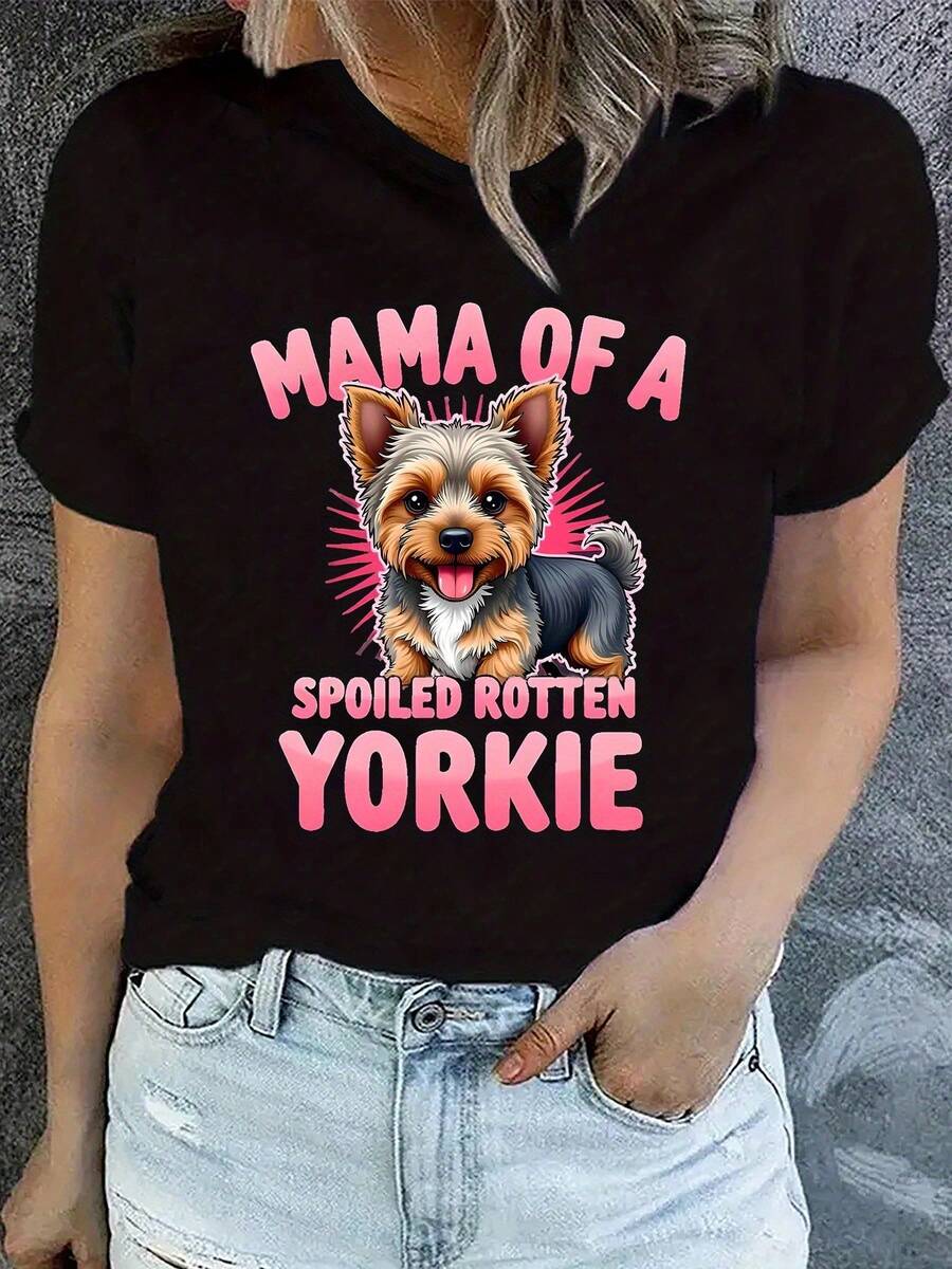 1 camiseta "Yorkshire Mom" - Una camiseta para madres de Yorkshire Terriers consentidos, con un diseño de manga corta y cuello redondo, suave y elástico, con un estampado de Yorkshire y letras rosas, lavable a máquina, ideal como regalo para dueños de mascotas, ropa de primavera a la moda, 180g 100% algodón. - Negro - Ver 1