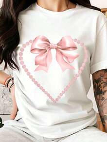 Camiseta de Mujer Linda y a la Moda, Diseño de Lazo Rosa y Corazón con Perlas, Ropa Casual de Verano, Regalo para el Día de San Valentín para Ella - Blanco - Ver 1