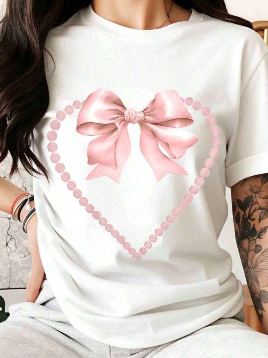 Camiseta de Mujer Linda y a la Moda, Diseño de Lazo Rosa y Corazón con Perlas, Ropa Casual de Verano, Regalo para el Día de San Valentín para Ella - Blanco - Ver 1