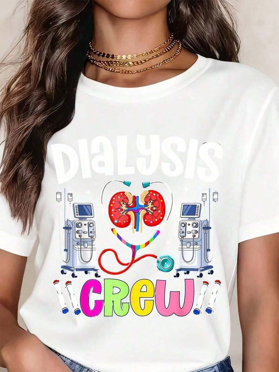 Camiseta para Personal de Diálisis para Enfermeras y Personal Médico con Diseño de Máquina de Diálisis Renal y Estampado de Estetoscopio para Trabajadores de la Salud - Blanco - Ver 1