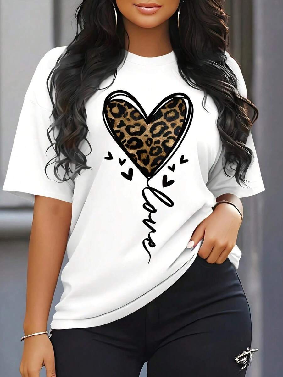 Stylish Round Neck Short Sleeve T Shirt For American Women Leopard Print Heart Mama Design Creative And Chic Breathable Plus Size Options - White - View 1