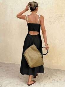 Frenchy Vestido midi con tiras anudadas y ribete de color contrastante para mujer - Negro - Ver 2