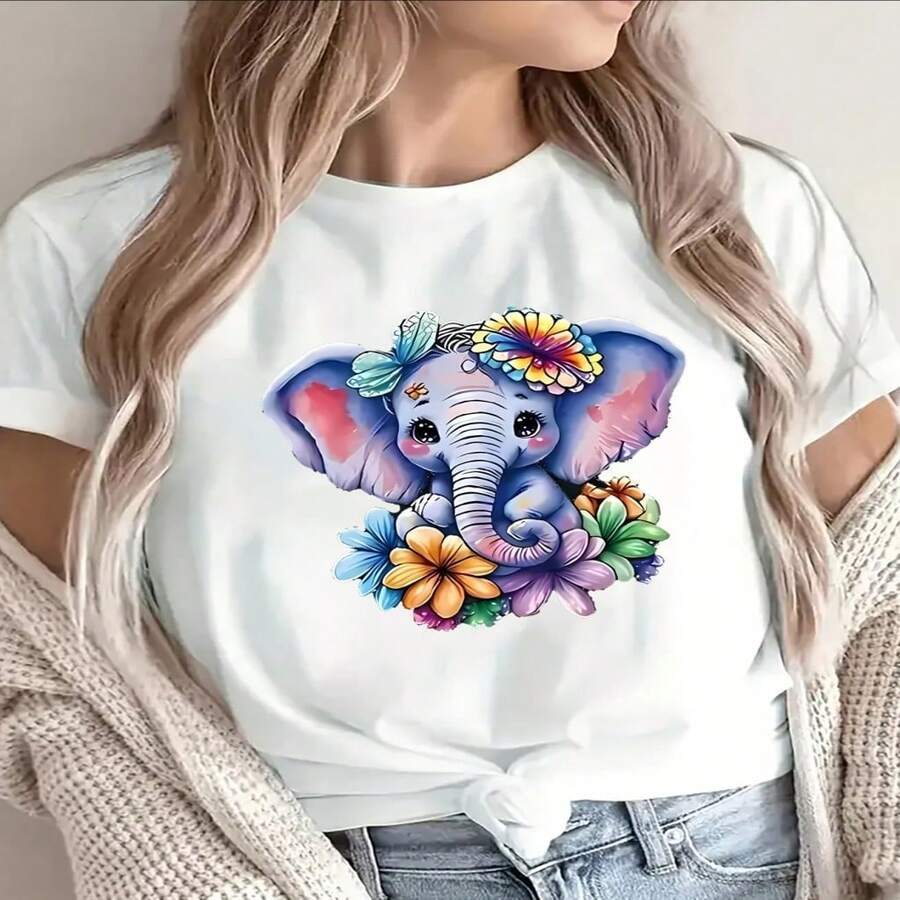 Women's Casual Cotton Round Neck Short Sleeve Elephant Flower Print T-Shirt - 白色 - 查看 1
