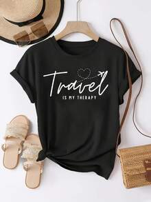 1 Women's Cotton T-Shirt With "Travel Is My Relaxation" Print - Black With White Letters, Airplane And Heart Design, Loose Fit, Short Sleeve, Round Neck, Casual Summer Style, Machine Washable And Breathable, 180g 100% Cotton. - 黑色 - 查看 12