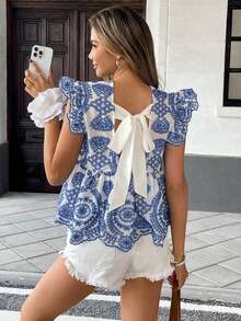 Blusa casual con mangas cortas y bordado para mujer de vacaciones - Azul y blanco - Ver 8