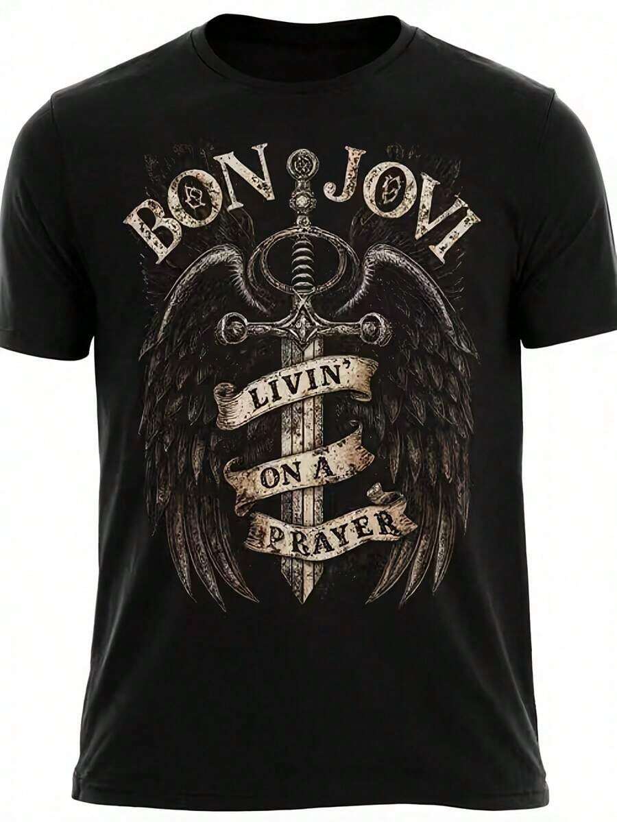 Vintage Bon Jovi Rock Band T-Shirt With Sword Wing Print, Ideal For Relaxing, Going Out Or Gifting, Perfect For Christmas, Valentine's Day And Rock Music Lovers - 黑色 - 查看 1