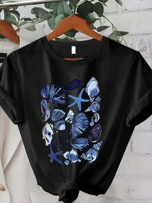 Plus Size Graphic T-Shirts, Short Sleeve T-Shirt With Seashell Print And Round Neck, Casual Summer And Spring Top For Women, 100% Cotton - Black - View 1