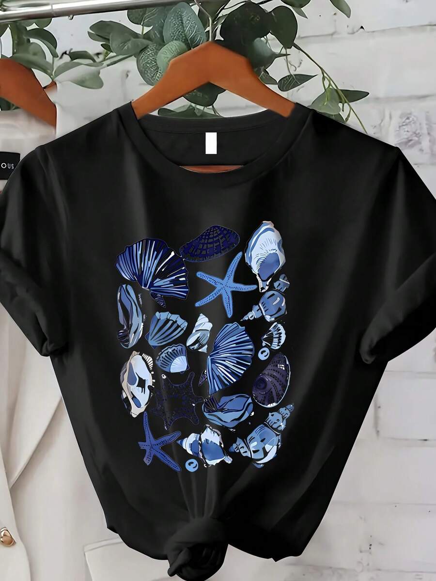 Plus Size Graphic T-Shirts, Short Sleeve T-Shirt With Seashell Print And Round Neck, Casual Summer And Spring Top For Women, 100% Cotton - Black - View 1