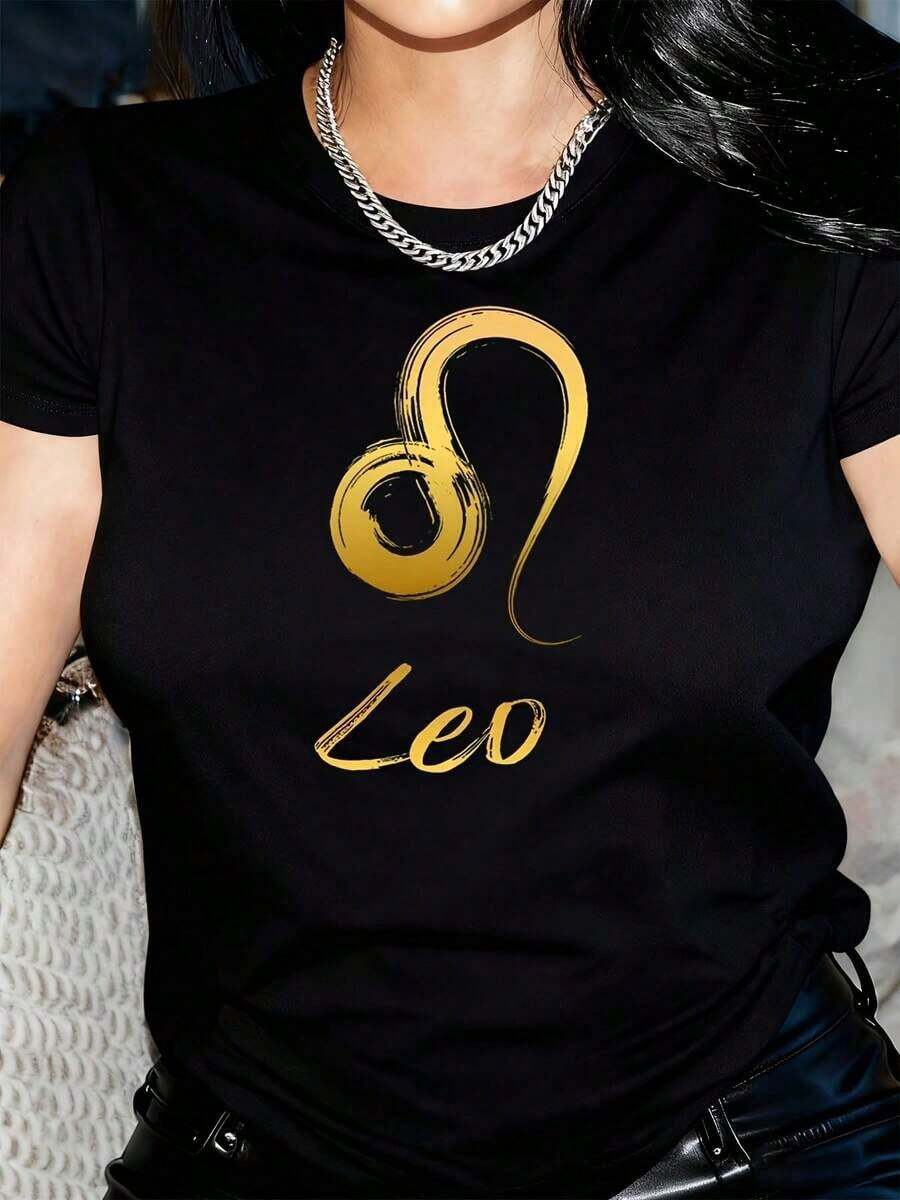 Women's Leo Graphic T-Shirt - Casual Black Crew Neck Short Sleeve T-Shirt With Gold Zodiac Design, Comfortable And Breathable For Spring And Summer, All Season Sportswear, Zodiac Print Sports T-Shirt, Comfortable Fit, Women's T-Shirts. - 黑色 - 查看 1