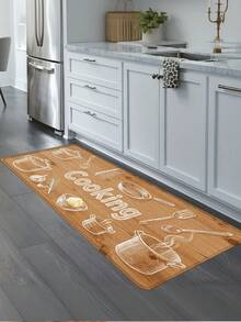1pc Wood Grain & Kitchen Utensil "Cooking" Pattern Kitchen Mat, Modern Minimalist Absorbent & Oil-Resistant Kitchen Rug, Stain-Resistant Kitchen Floor Mat, Small Kitchen Rug, Easy Care Machine Washable Anti-Abrasion Anti-Scratch Kitchen Floor Mat, Soft & Elastic Kitchen Floor Pad, Kitchen & Dining Room Small Space Compatible Striped Rug, Kitchen Area Rug, Odorless Absorbent Non-Slip Floor Mat (Multiple Styles & Sizes Available) - Sketch Of Wooden Kitchenware - View 4