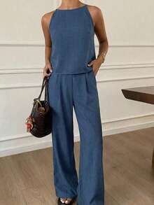 Conjunto de 2 piezas de top de tirantes finos a rayas y pantalones para mujer, conjunto de prendas de estar en casa para mujer - Azul marino - Ver 6