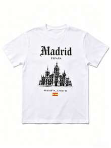 Local Delivery: Women's Oversized White T-Shirt "Madrid Spain", Casual Short Sleeve With Cibeles Palace Print - 白色 - 查看 3