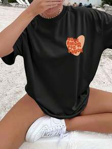 [Double-Sided Print] Women's Loose-Fitting Summer T-Shirt, Sweet And Fresh Style, With Heart And Plaid Print, ORE AOR PLEASE Print, Round Neck, Short Sleeves, Off-The-Shoulder Design, Plus Size Pure Cotton T-Shirt. Elegant Party Outfit, T-Shirt For Elegant Ladies, Blouses Suitable For Curvy Women, Prom Skirts, Casual Wear - 黑色 - 查看 2