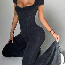 Slayform 1pc Women's Seamless Washed Matte Sweetheart Collar Butterfly Sleeve Slimming Yoga Exercise Dance Gymnastics Jumpsuit Flare Pants - Negro - Ver 1