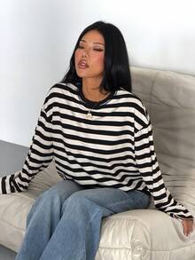 SDNGED Women's Casual Top, Striped Color Block Ribbed Fabric, Everyday Wear Spring/Autumn - Black Apricot Wide Stripes - View 10