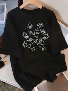 Women's Summer Top. Pure Cotton Summer Clothing, Loose Fit, Round Neck, Versatile, Comfortable And Casual, Youthful And Fashionable, Short-Sleeved T-Shirt For Everyday Wear. Relaxing And Comfortable. - 黑色 - 查看 1