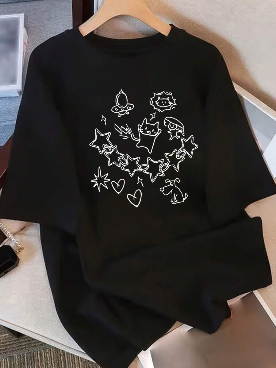 Women's Summer Top. Pure Cotton Summer Clothing, Loose Fit, Round Neck, Versatile, Comfortable And Casual, Youthful And Fashionable, Short-Sleeved T-Shirt For Everyday Wear. Relaxing And Comfortable. - 黑色 - 查看 1