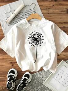 Camiseta Casual Esencial con Estampado de Diente de León, Manga Corta, Cuello Redondo, Algodón Suave para Uso Diario - Blanco - Ver 8