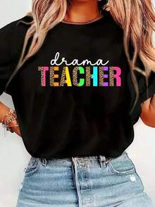 Women's Funny T-Shirt With Theater Teacher And Leopard Print, Casual Short Sleeve Crew Neck T-Shirt, Comfortable For Spring And Summer, Women's Clothing - 黑色 - 查看 1