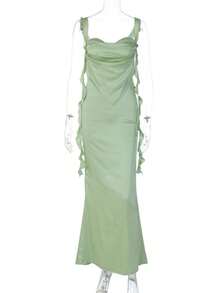 Vestido largo con tirantes de encaje, espalda descubierta, volantes y cintas flotantes estilo - Verde - Ver 7