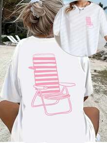 Women's 100% Cotton Loose-Fitting Short-Sleeve T-Shirt, American Summer Vacation Style, With Pink Beach Chair Print On Both Sides, Breathable Casual Beach Top With Letter Pattern, Fashionable Short-Sleeve T-Shirt For Adult Women, Breathable Fabric, Suitable For Back To School Season, Ideal For Outdoor Use, Perfect Gift, . - 白色 - 查看 9