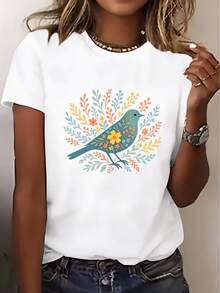 Elegant Short-Sleeve T-Shirt For Women - Shirt Style With Bird And Flower Print, Round Neck | Perfect For Spring And Summer Beach Vacations, Travel, Dates, And As A Gift. | Machine Washable, Casual To Formal Style - Urban Vintage Style, Unisex, Cotton, Short Sleeves, And Round Neck. - 白色 - 查看 1